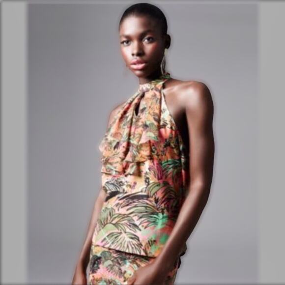 Macys Colorful Pink & Black Blouse Tropical Print Ruffle Halter Tank - Picture 2 of 6